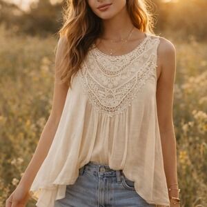 Calstyle Womens Boho Crochet Lace Sleeveless Top Size M Flowy Romantic Light